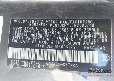 2011 Toyota Camry Le z USA, uszkodzony, nr VIN 4T4BF3EK1BR096172